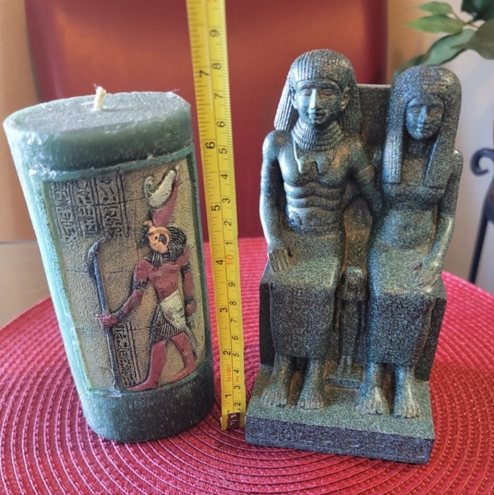 NEW! 2p EGYPTIAN SET:SUMMIT COLLECTION GRANITE MAN & WIFE STATUE;HORUS CANDLE